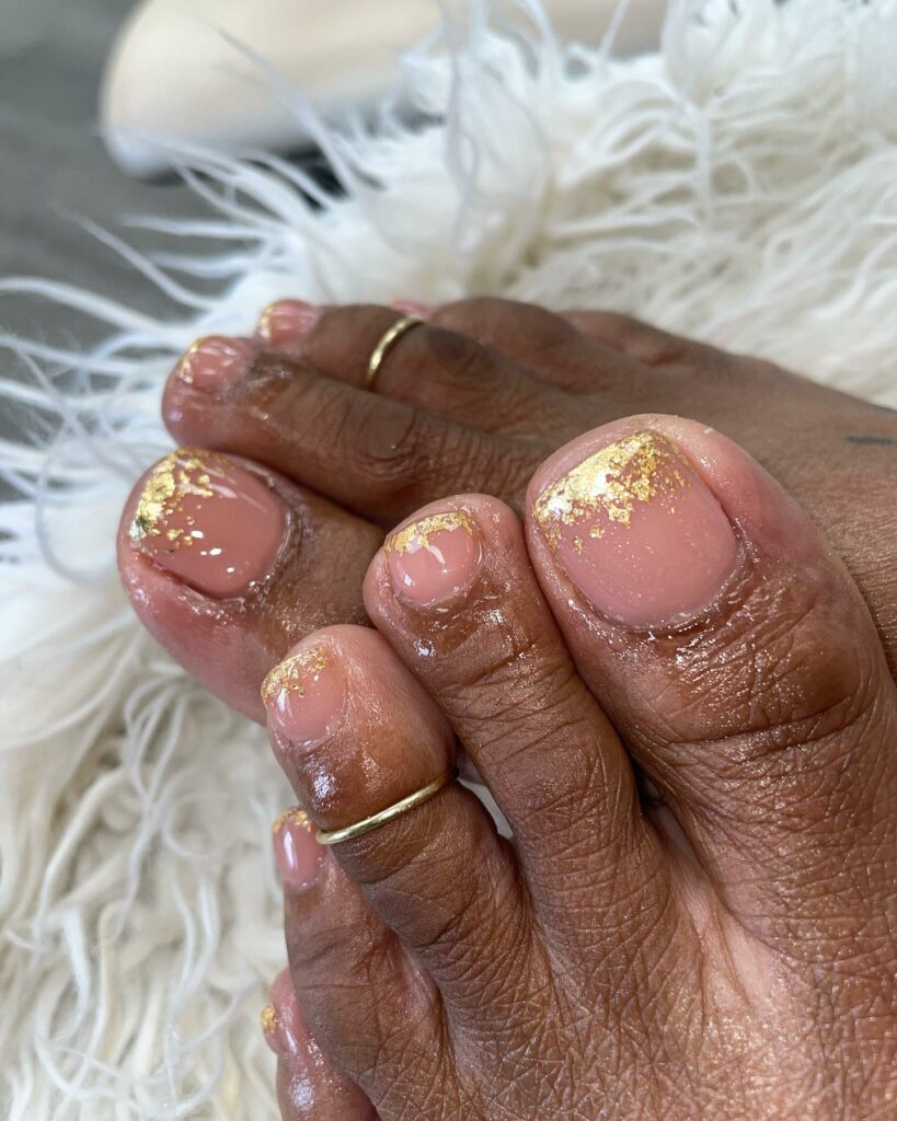 30 Gold Pedicure Ideas to Add Glamour to Your Look in 2024 19 Gold Flakes On Tips