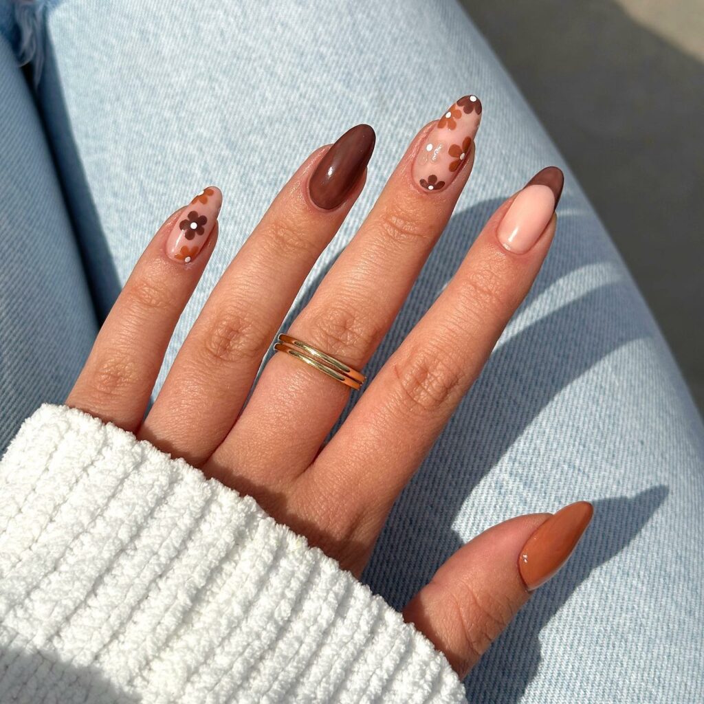 20 Latest Brown Chrome Nails Ideas To Try In 2024! 22 Playful Brown Chrome Nails With Daisies