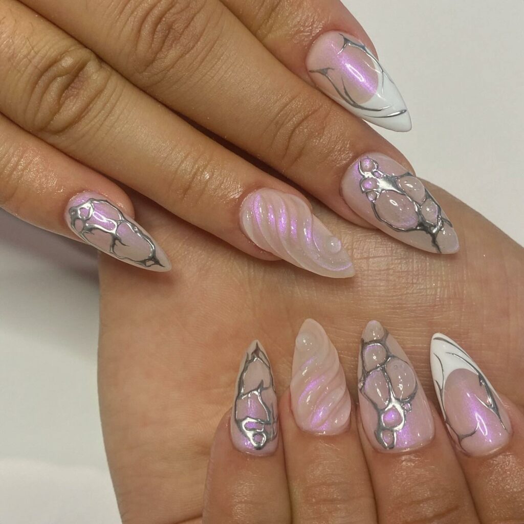 Glow with 20 Pearl White Nail Designs in 2024 25 Holographic White Pearl Nail With 3D And Silver Design