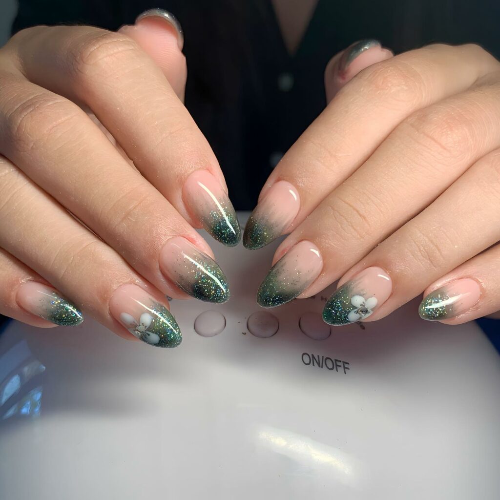 Refresh with 30 Green Ombre Nail Designs in 2024 35 Green Ombre Tips Nails With Flower Design