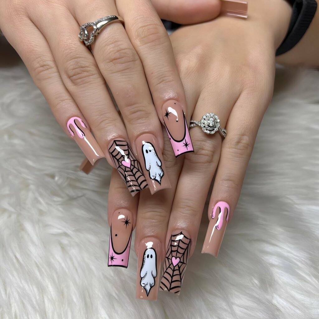 35 Latest Medium Square Nail Ideas To Try In 2024! 36 Medium Square Nails With Spider Web And Spooky Ghost Design
