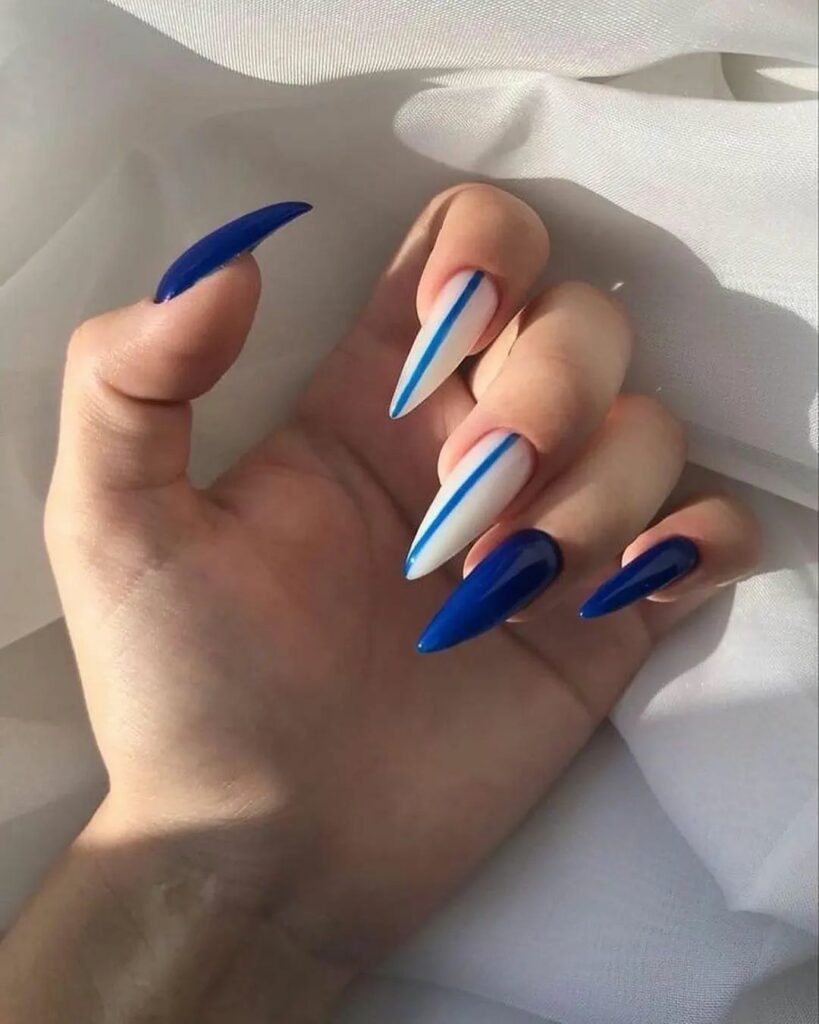 30 Latest Blue And White Nail Ideas To Try In 2024! 22 Blue And White Stiletto Nails