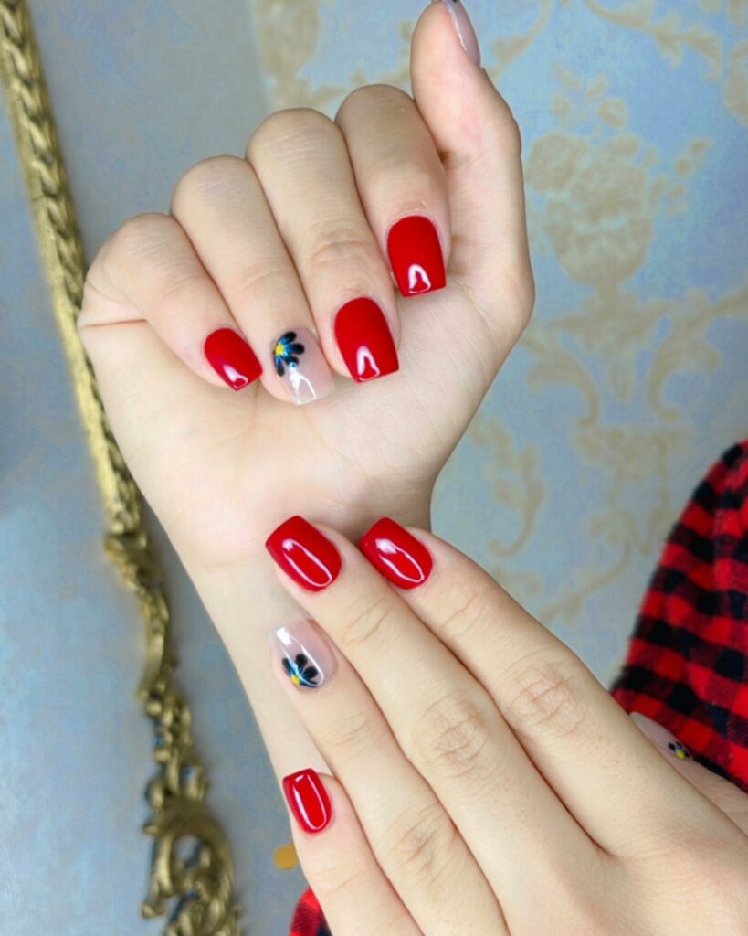 20 LATEST SHORT RED NAIL IDEAS TO TRY IN 2024! 37 Short Red Accent Nails With Flower