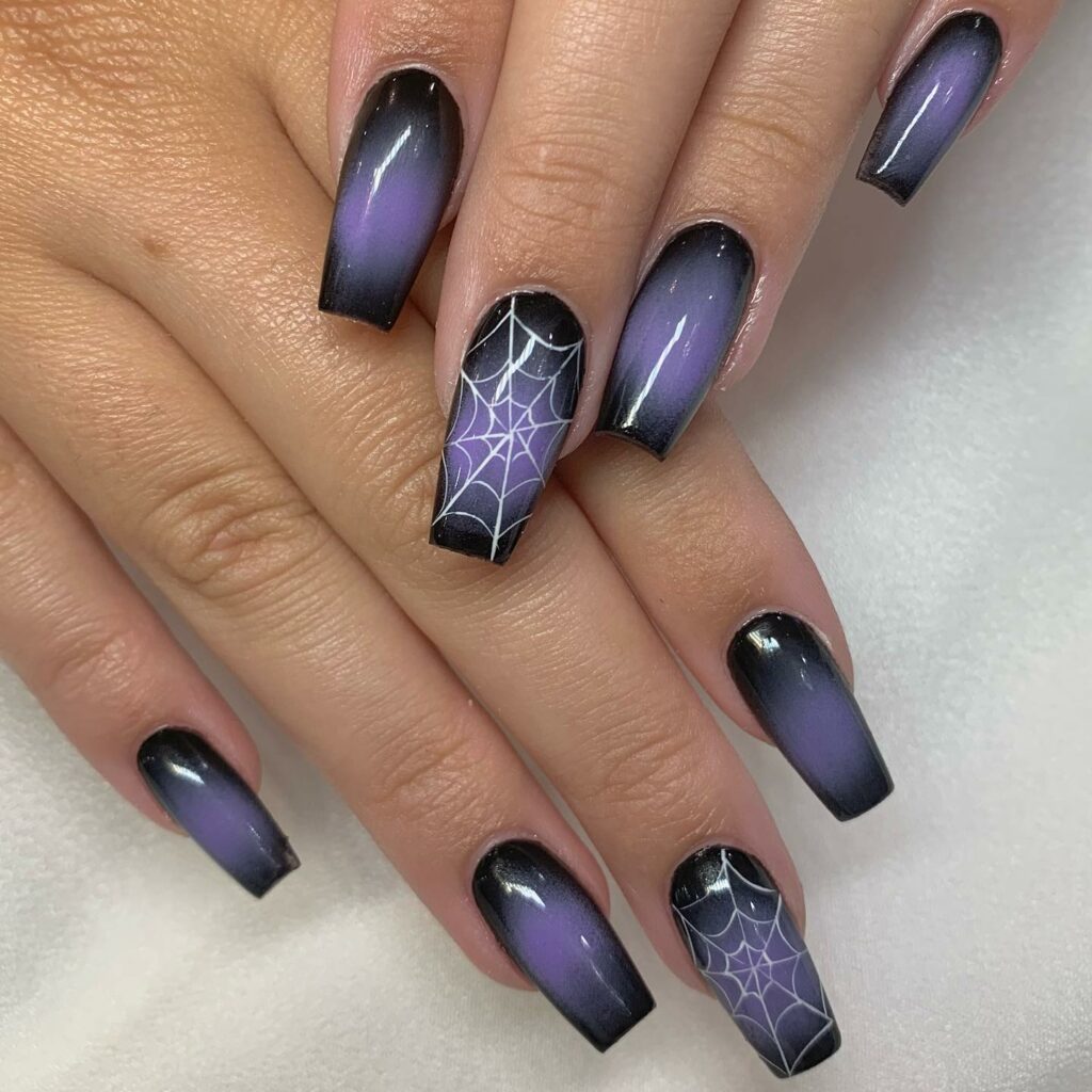22 Latest Black And Purple Nail Ideas to Try in 2024! 28 Purple And Black Aura Nail With Spider Web