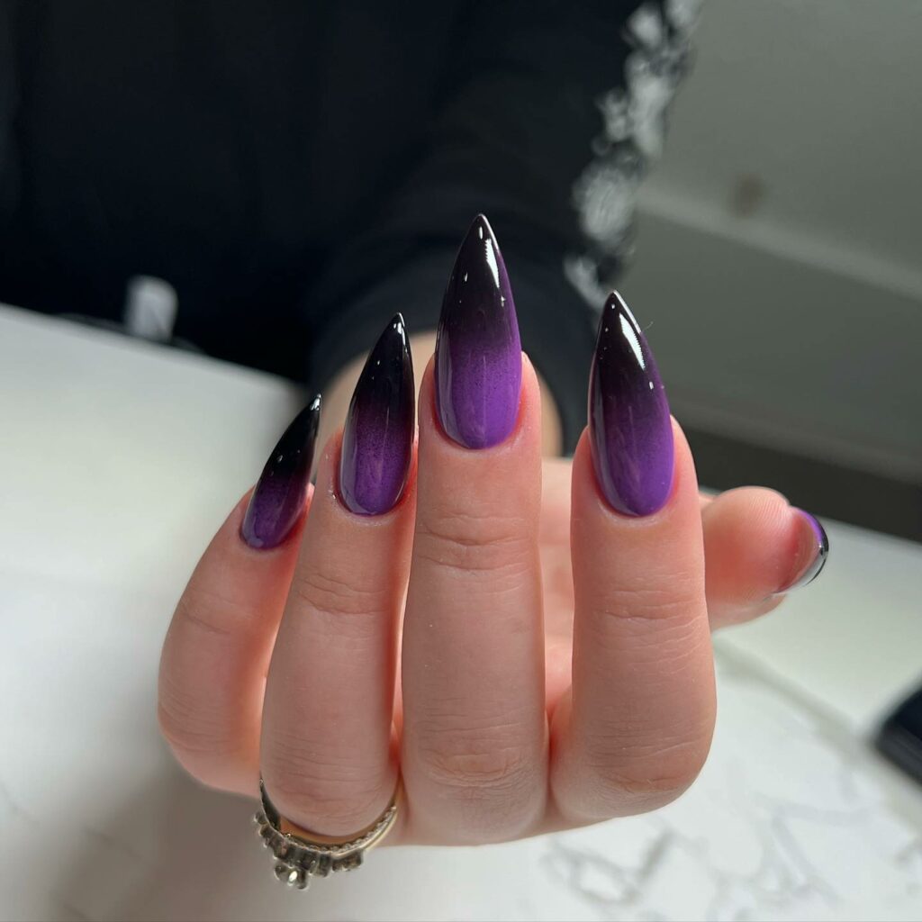 22 Latest Black And Purple Nail Ideas to Try in 2024! 11 Purple And Black Ombre Stiletto Nail