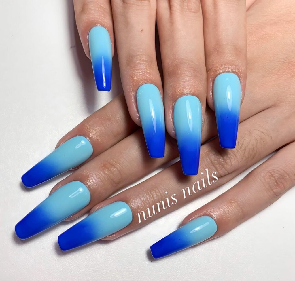 20 Latest Royal Blue Ombre Nail Designs To Try In 2024! 14 Royal Blue Ombre Coffin Nails