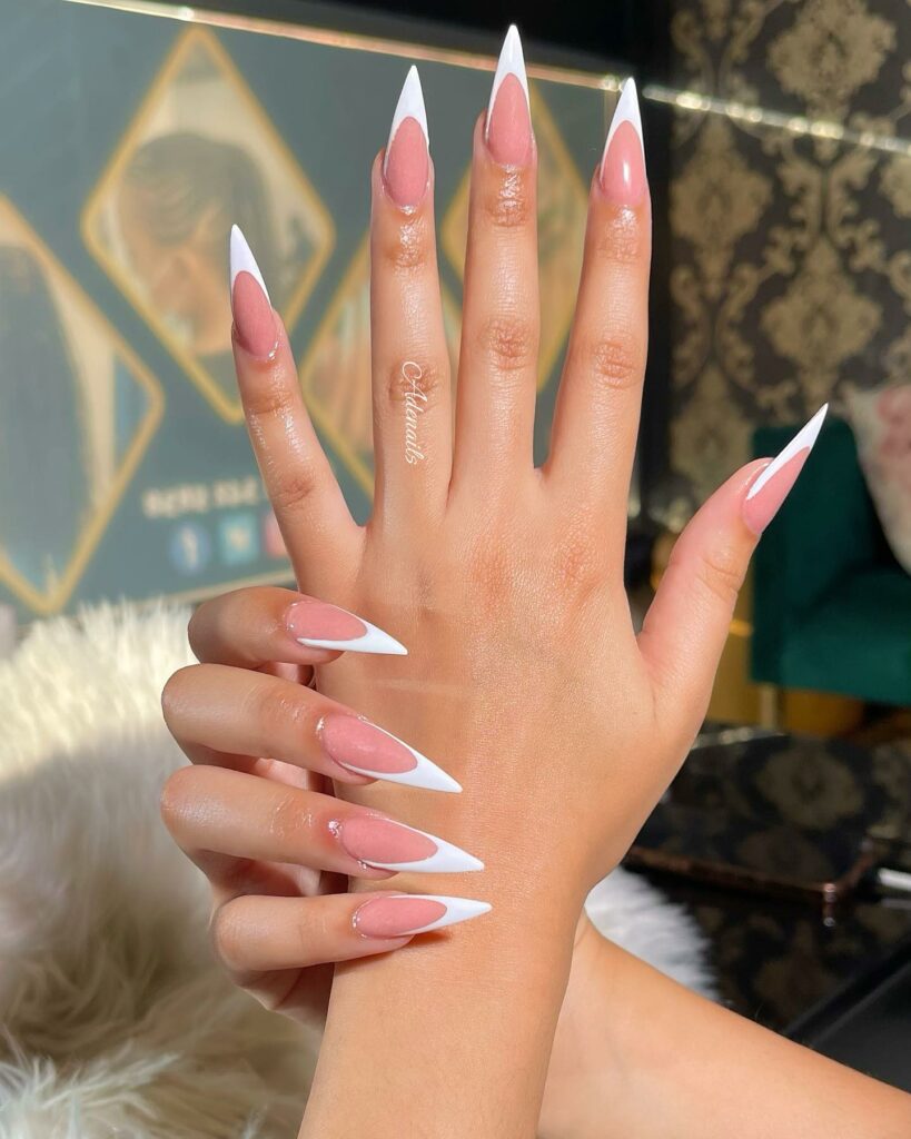 50 Latest V French Tip Coffin Nail Designs To Try In 2024! 34 White Stiletto V Tip Nails