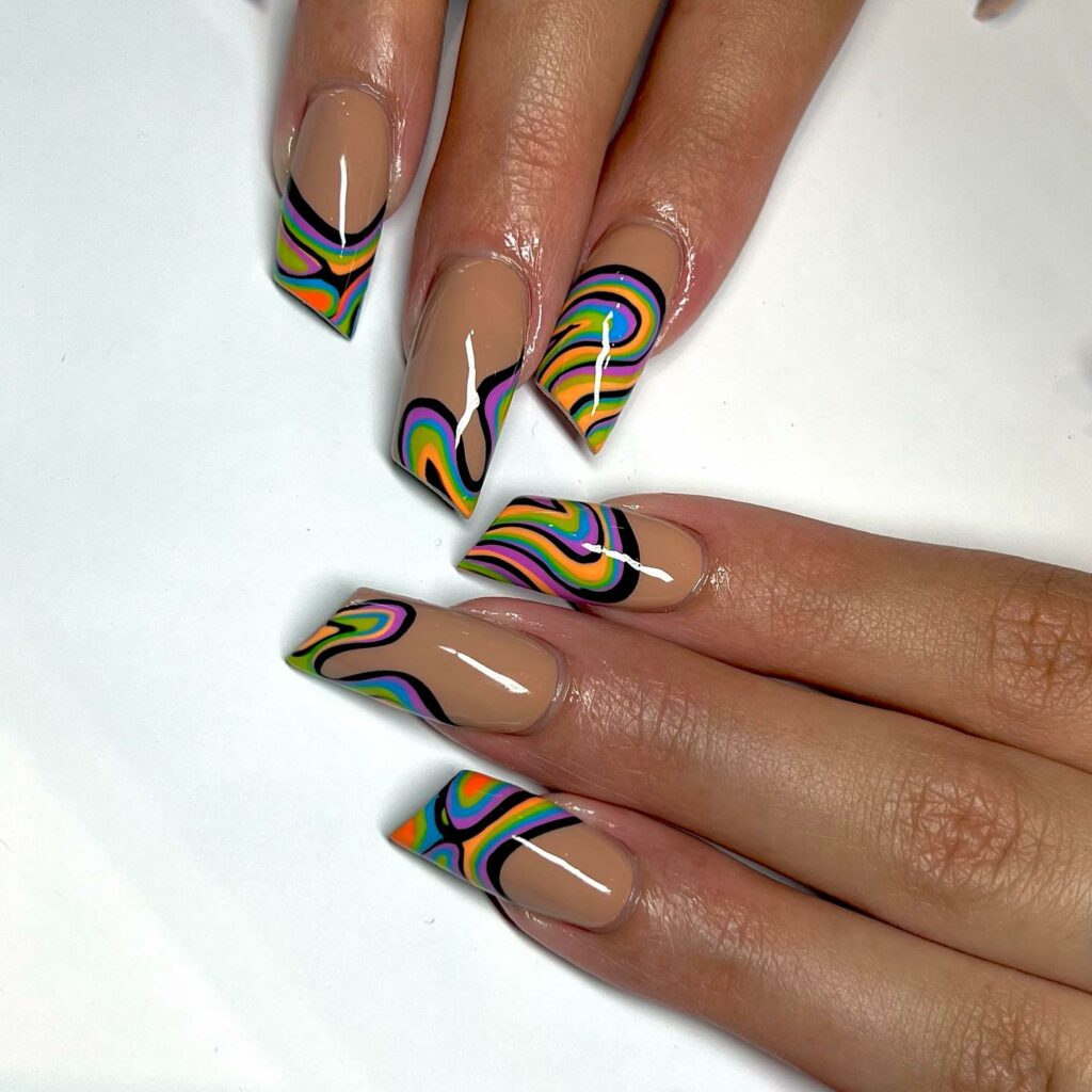 15 Latest Lipstick Shape Nail Ideas To Try In 2024! 21 Lipstick Shape Nails With Colorful Swirls Design
