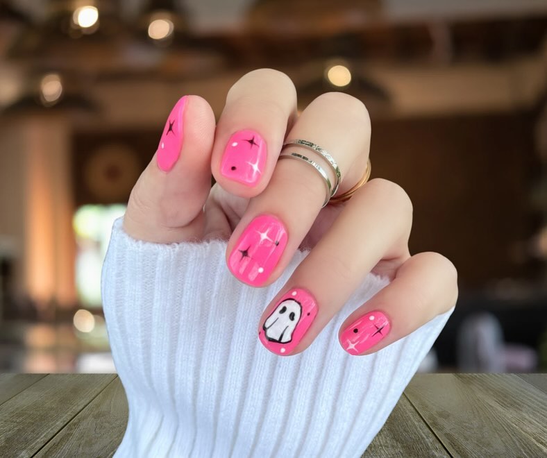 30 Latest Pink And White Nail Ideas To Try In 2024! 22 Short Pink Nails with Cute Ghost Design