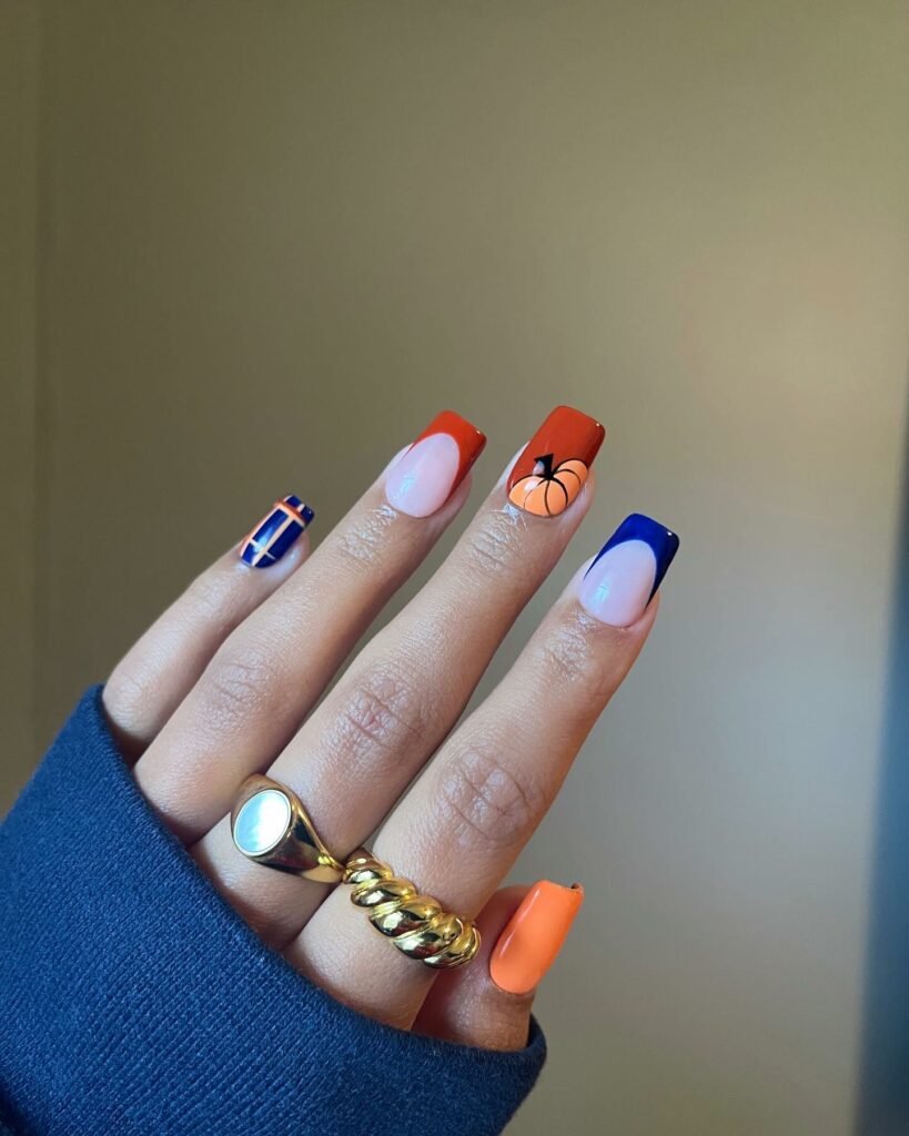 20 Latest Orange And Blue Nail Ideas To Try In 2024! 30 Orange And Blue Short Square Nails With Pumpkin Design