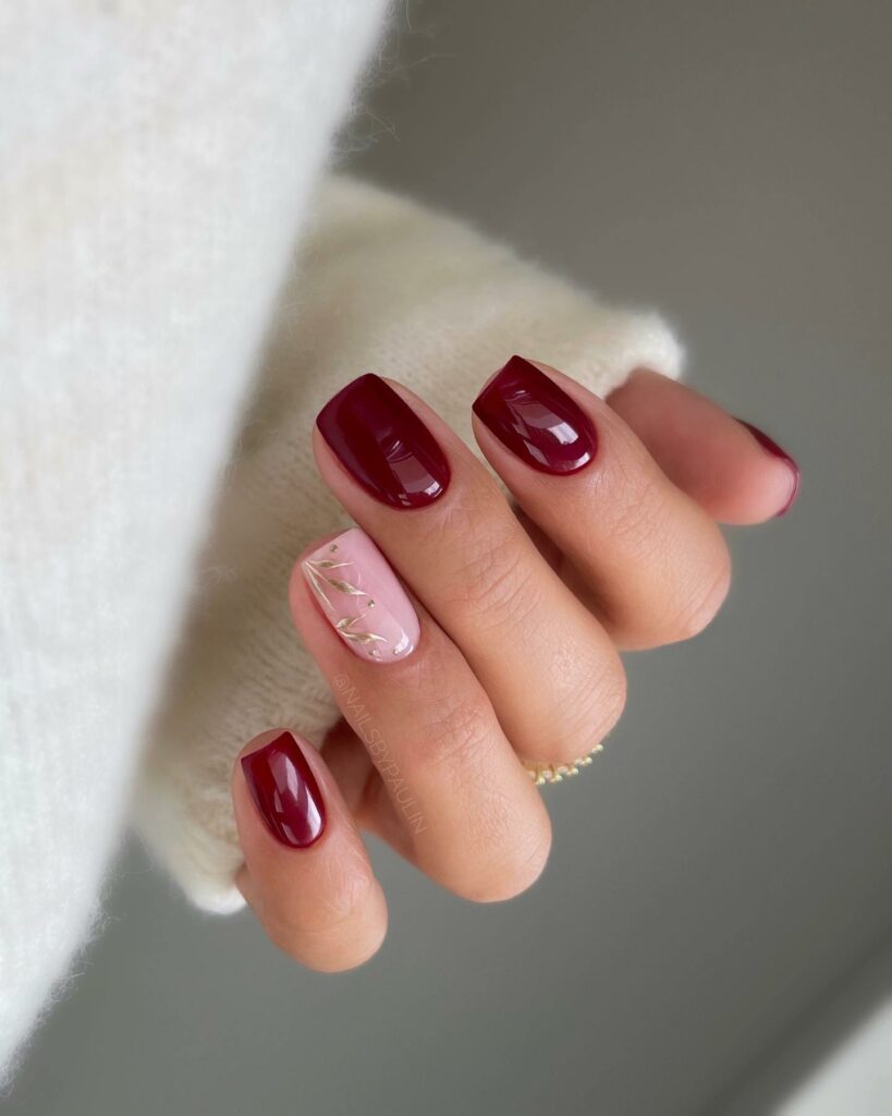 20 Latest Wine Color Nail Ideas To Try In 2024! 10 Wine Square Accent Nails With Gold Flower Design