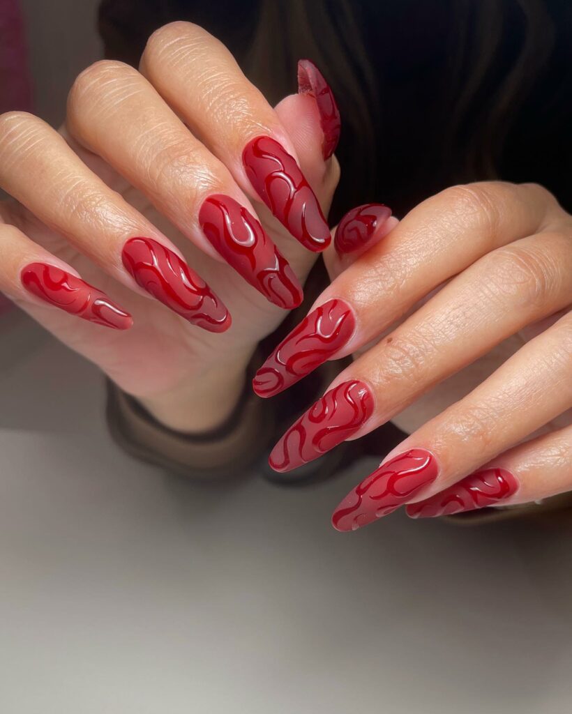 20 Latest Red Matte Nail Ideas To Try In 2024! 15 Red Matte With Glossy Swirl Design