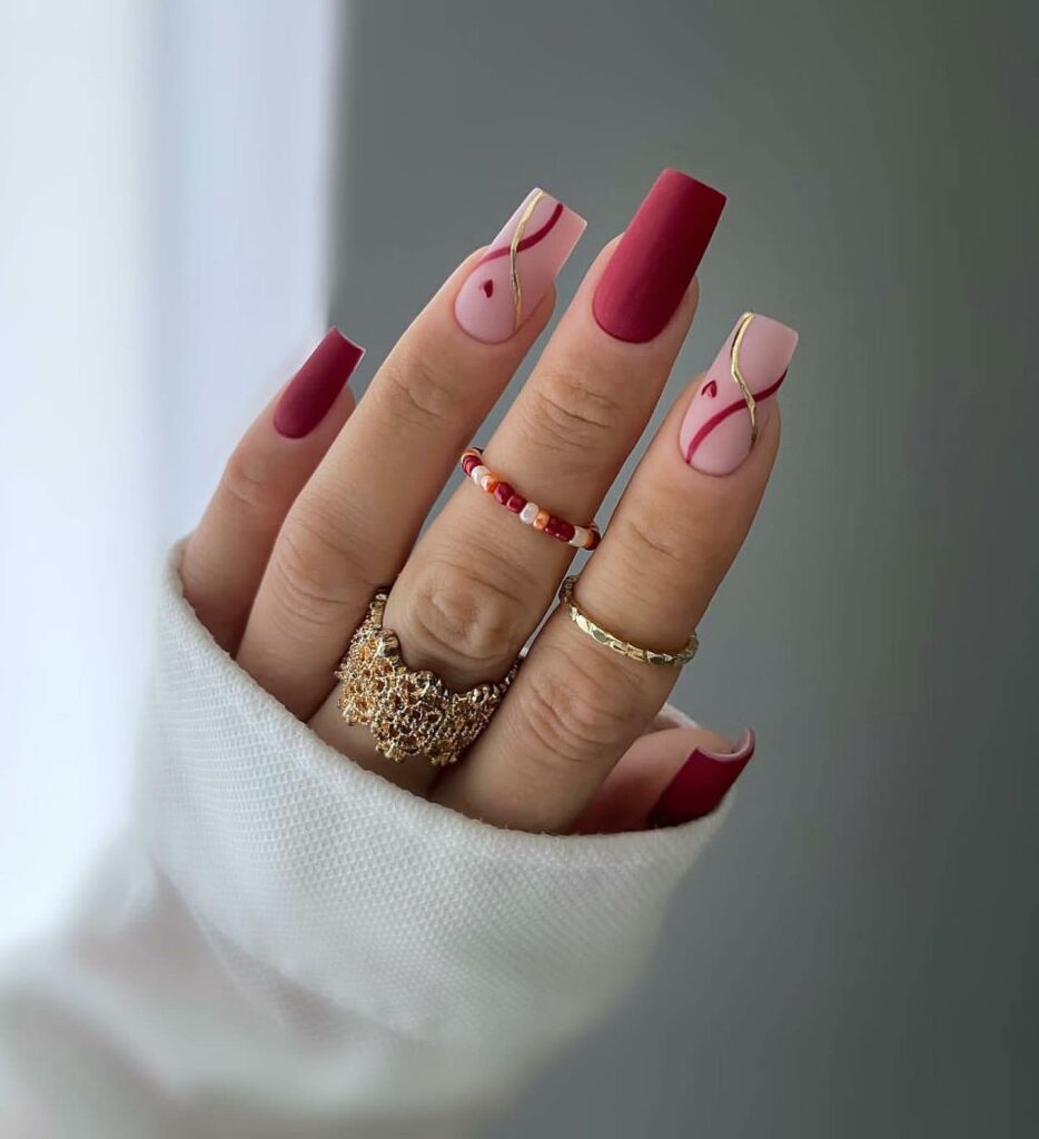 30 Latest Matte Nail Ideas To Try In 2024! 19 Red Matte Nails With Gold Swirl