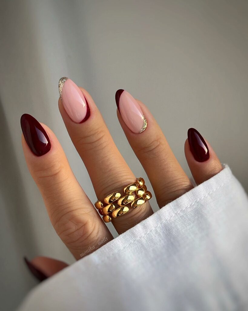 20 Latest Wine Color Nail Ideas To Try In 2024! 18 Wine Color Almond Nails With Gold Design
