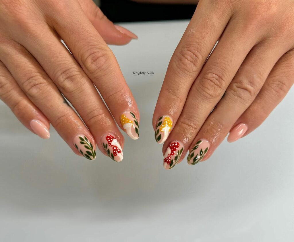 20 Latest Mushroom Nail Designs To Try In 2024! 17 Yellow And Red Mushroom Design On Almond Nails