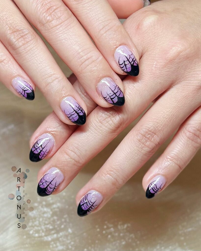 22 Latest Black And Purple Nail Ideas to Try in 2024! 36 Glitter Purple And Spider Web French