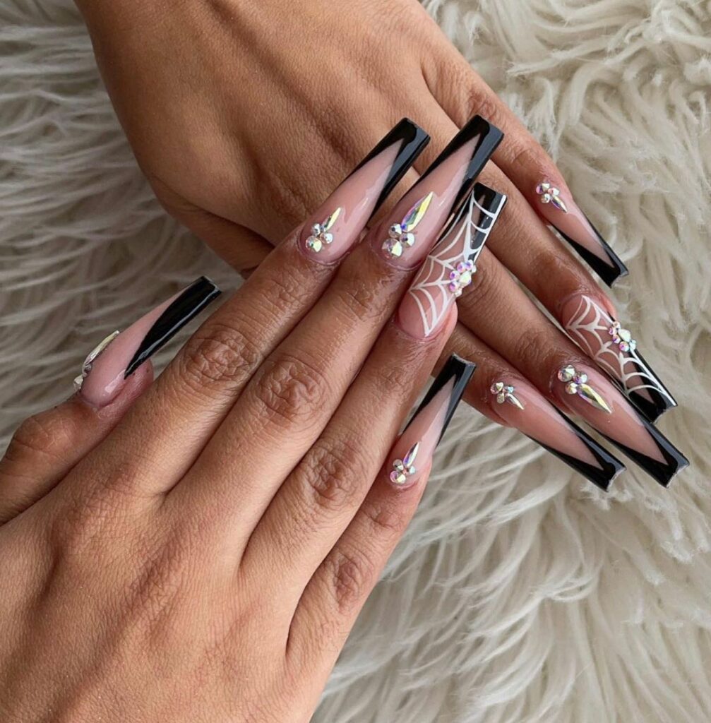 30 Latest Long French Tip Nail Ideas To Try In 2024! 41 Black V Cut Long French Nails with Rhinestones