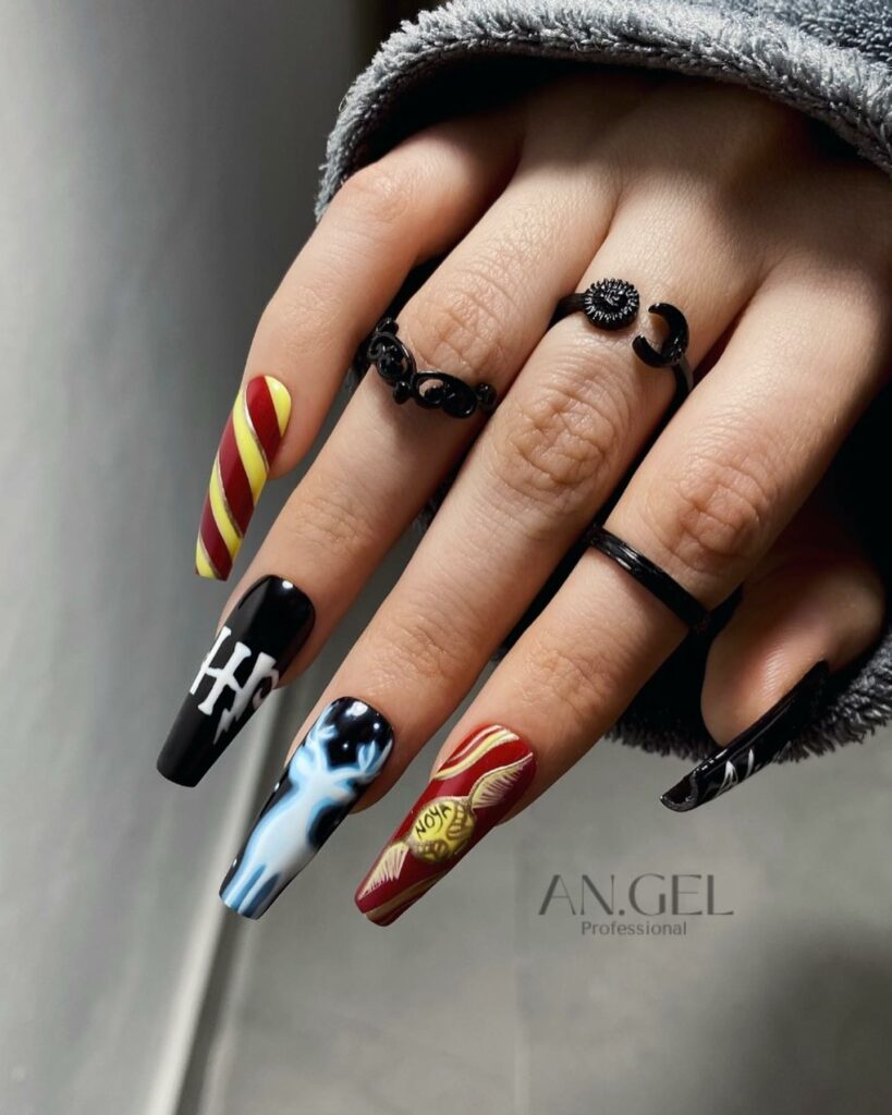 33 Latest Harry Potter Nail Ideas To Try In 2024! 18 Harry Potter Coffin Nails With Reindeer Silhouette Design