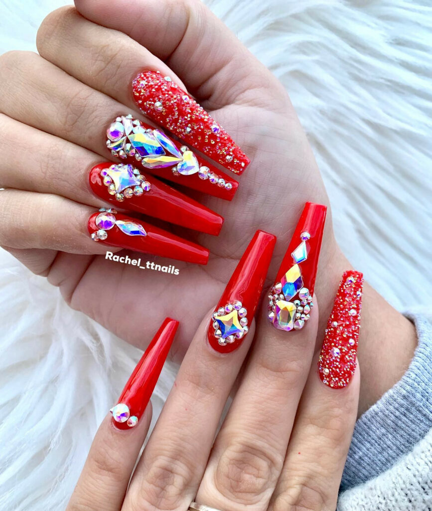 Go Bold with 40 Red Coffin Nail Designs in 2024 45 Red Coffin Nail With Colorful Rhinestones