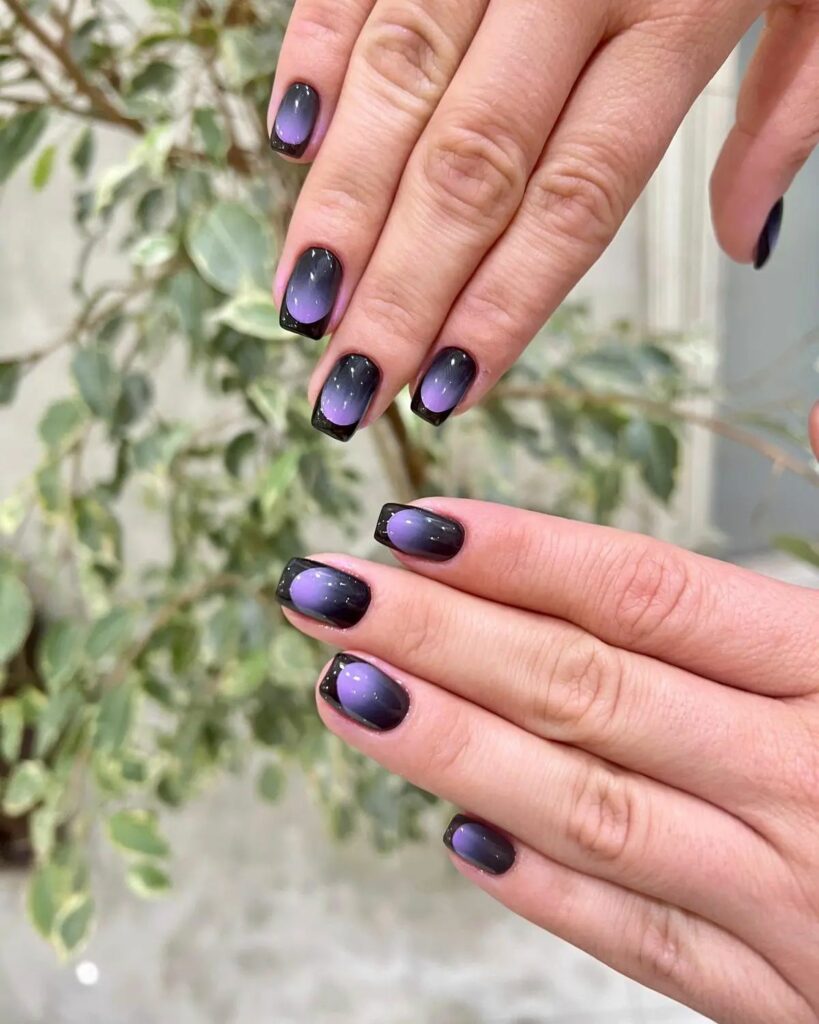 20 Latest Short Ombre Nail Ideas To Try In 2024! 28 Purple Short Ombre Nails With Black French Tips