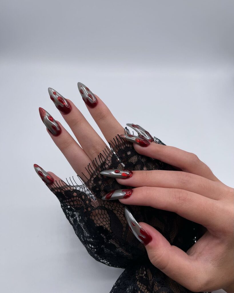 20 Latest Red And Silver Nail Ideas For 2024 27 Metallic Nails With 3D blood Design