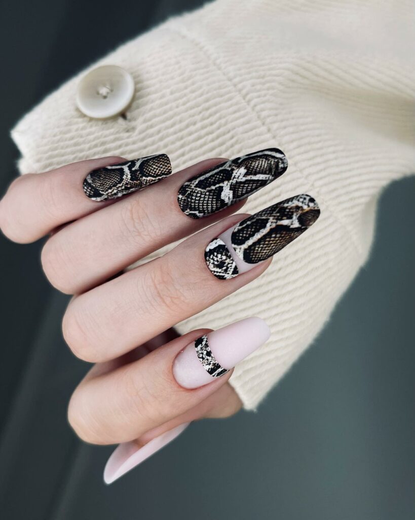30 Latest Snake Nail Designs To Try In 2024! 16 Realistic Snake Skin Design On Matte Pink Nails