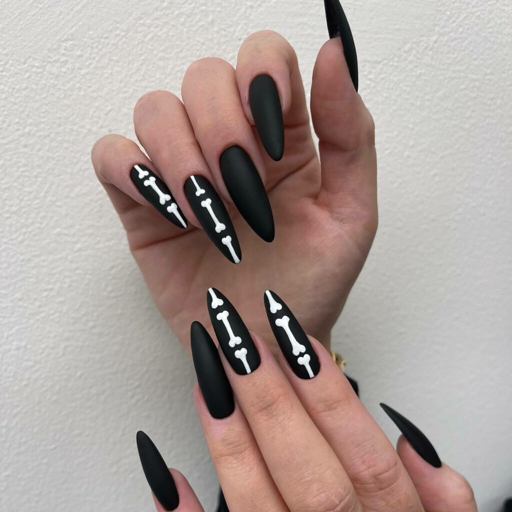 Express Yourself with 30 Emo Nail Designs in 2024 25 Black Stiletto Emo Nail With White Bones Design
