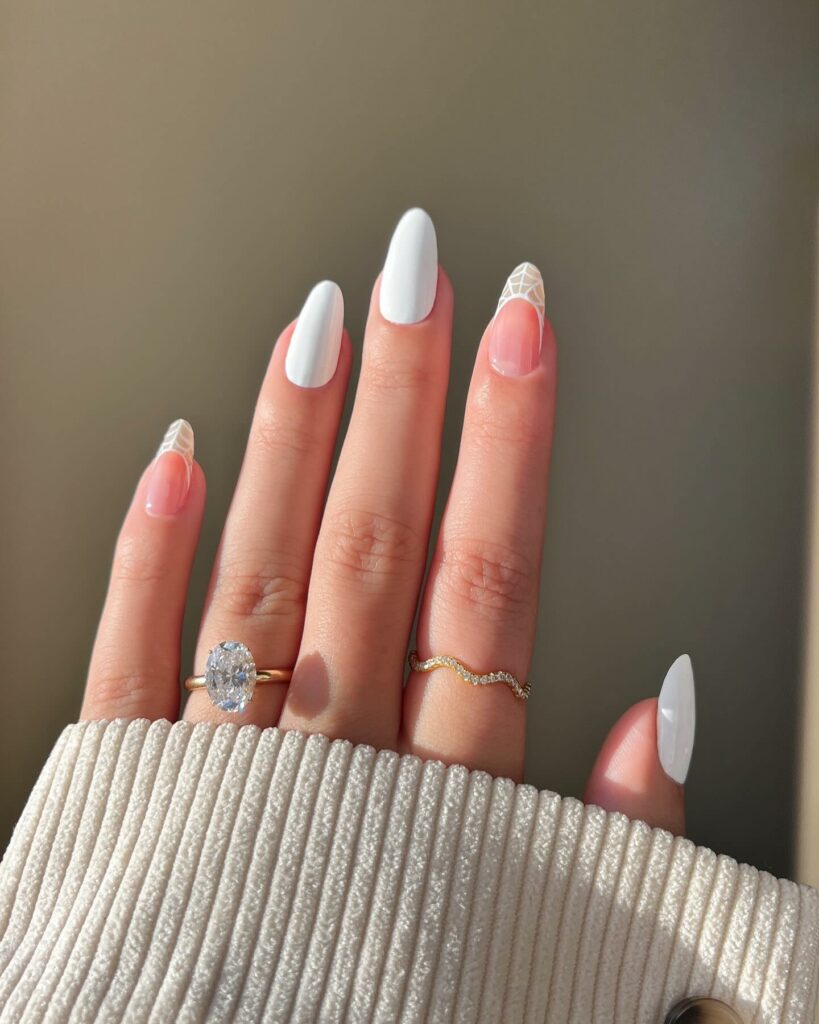 40 Latest Trendy Nail Ideas To Try In 2024! 29 White Almond Trendy Nails With White Web Design