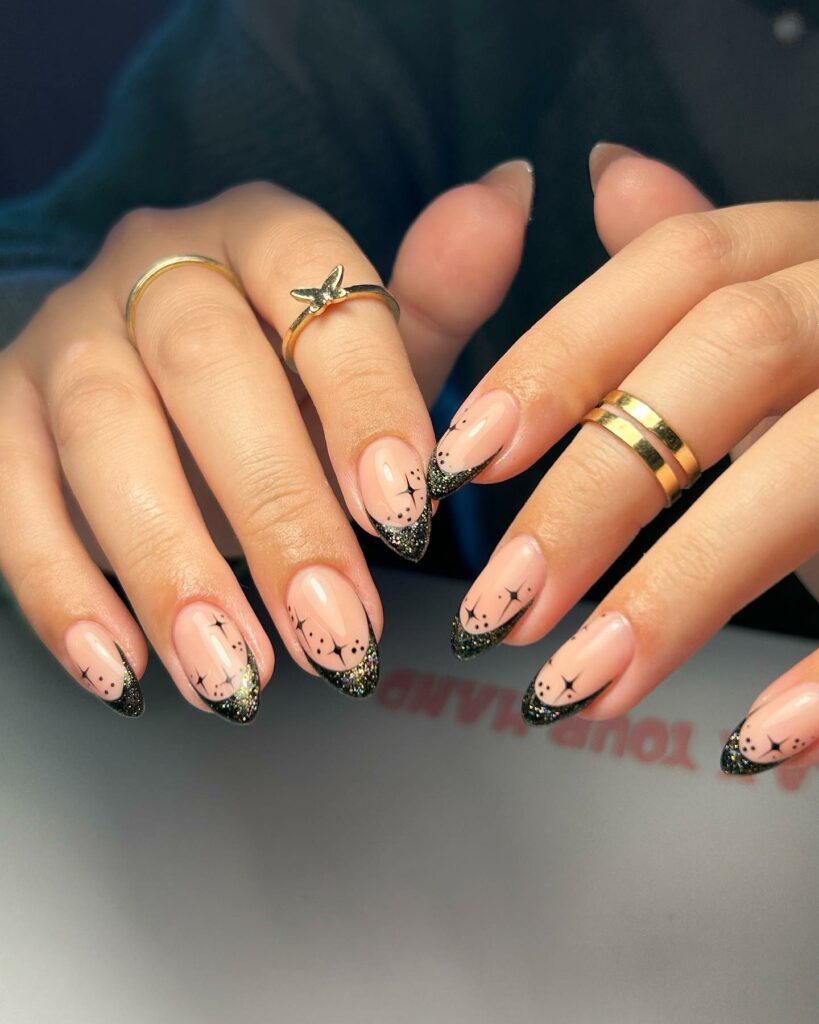 33 Latest Party Nail Ideas To Try In 2024! 31 Black French Party Nails With Glitter