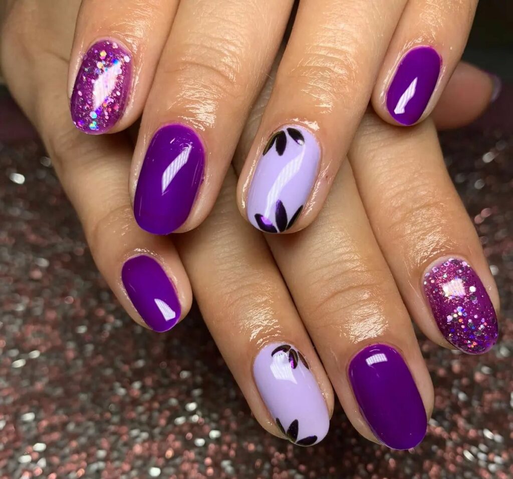 34 Latest Glossy Purple Nail Design Guides To Follow In 2024! 16 Short Purple Nails With Flowers And Glitter