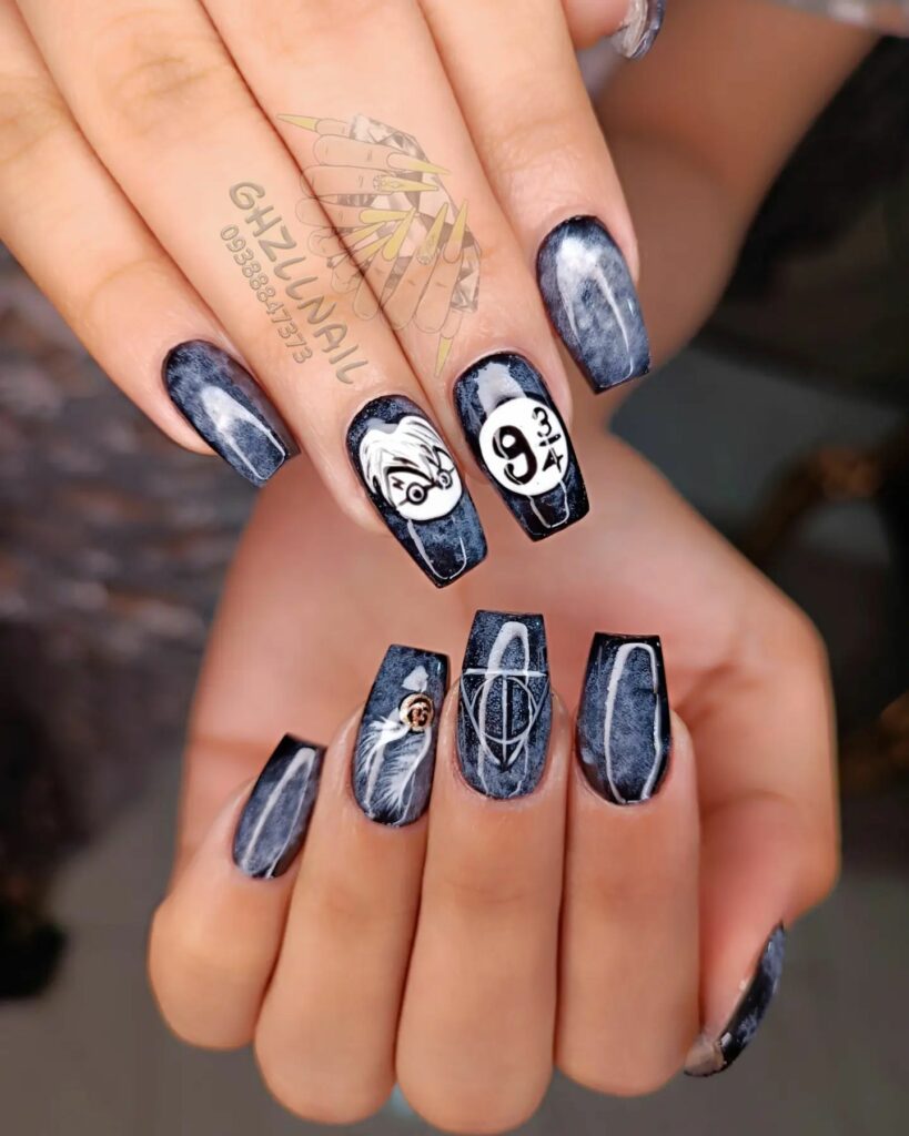 33 Latest Harry Potter Nail Ideas To Try In 2024! 28 Harry Potter Design On Glossy Coffin Nails