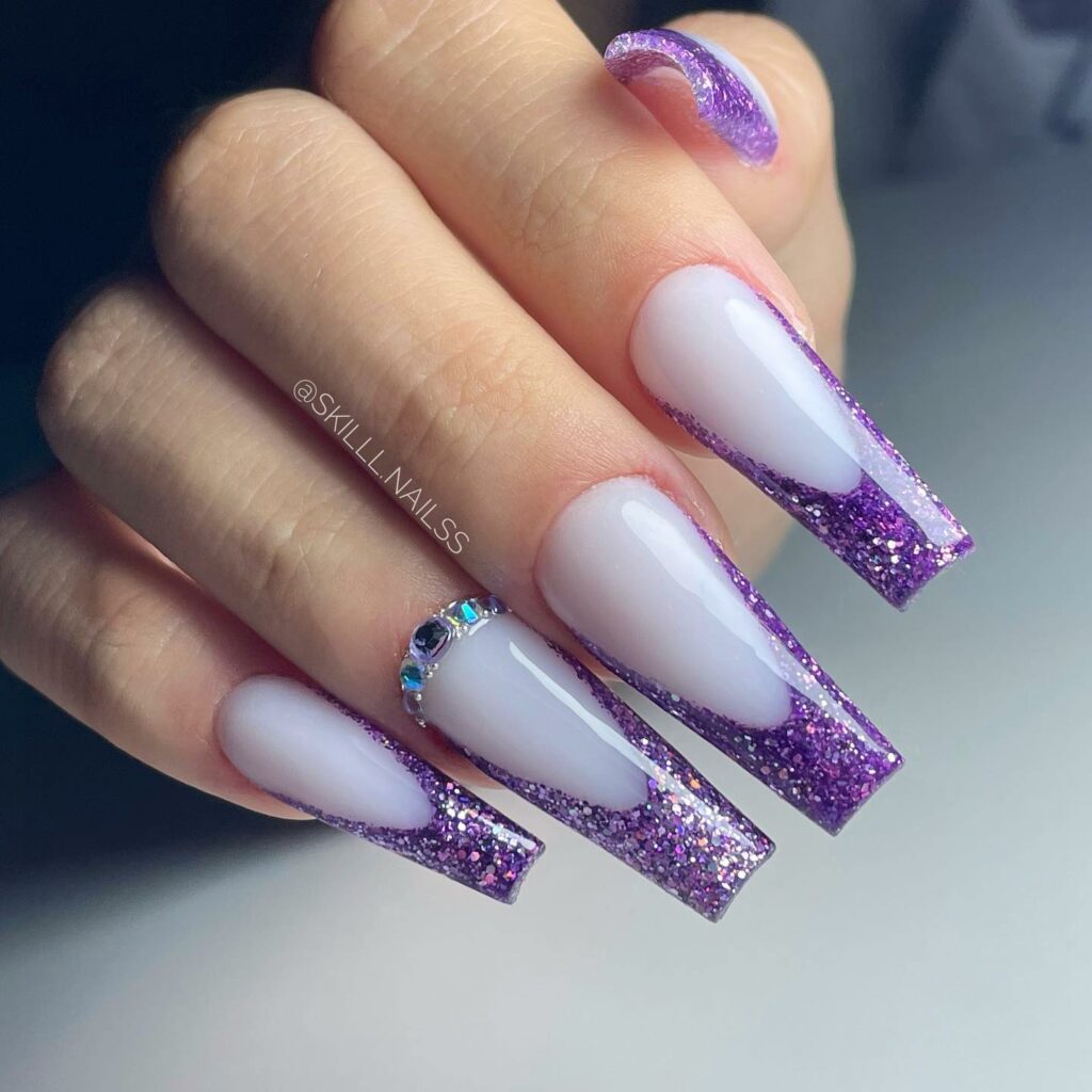 Explore 30 Purple Coffin Nail Designs in 2024 22 Purple French Coffin Nail With Glitters