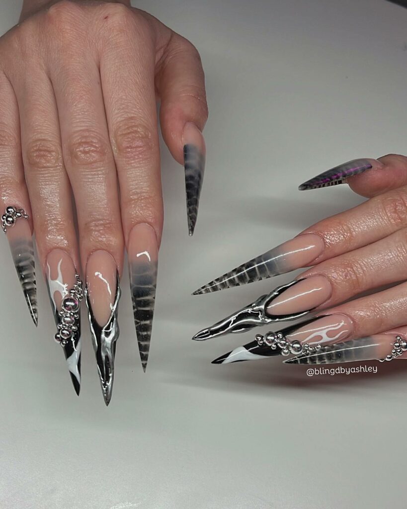 20 Latest Croc Nail Ideas To Try In 2024! 26 Long Black Croc French Stiletto Nails With Metallic Design