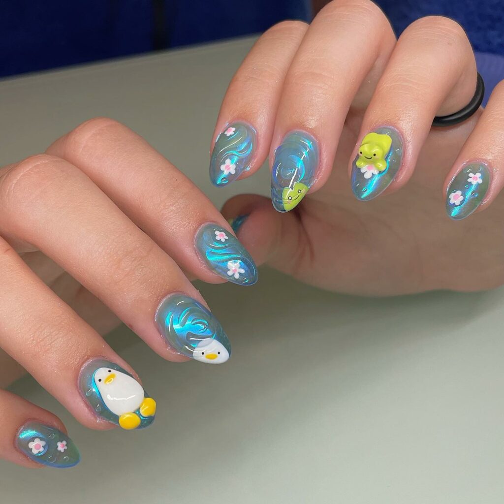 Hop into Fun with 20 Frog Nail Designs in 2024 33 Blue Frog Nails With 3D Swirls Design
