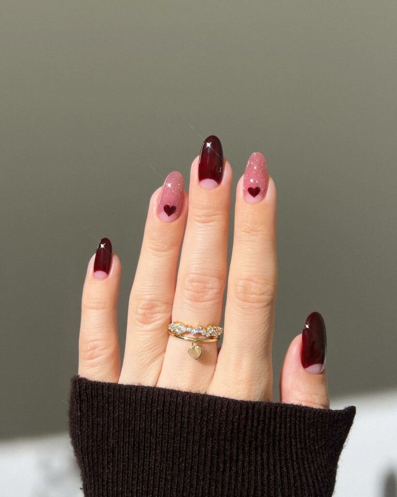 20 Latest Wine Color Nail Ideas To Try In 2024! 20 Wine Color Nails With Heart And Glitter Design