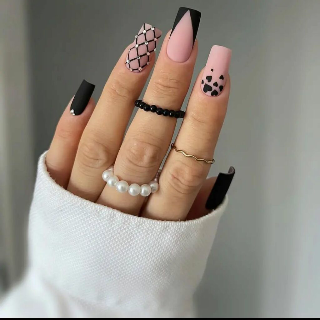 40 Latest Trendy Nail Ideas To Try In 2024! 24 Matte Trendy Nails With Net And Black Hearts Design