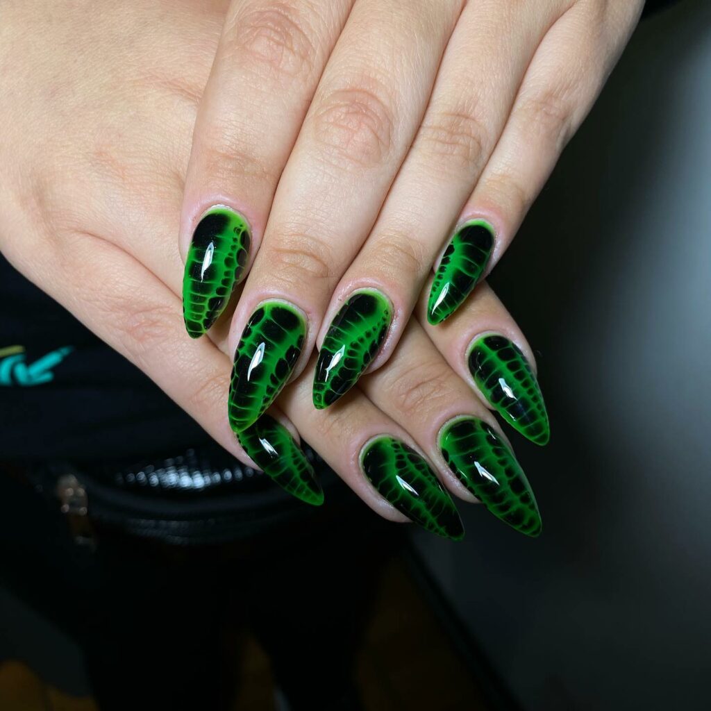 Get Edgy with 30 Green And Black Nail Designs in 2024 34 Green And Black Nails With Crocodile Skin Design