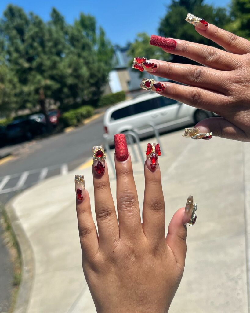 34 Latest Red and Gold Nail Designs To Try In 2024! 32 3D Square Red and Gold Nails