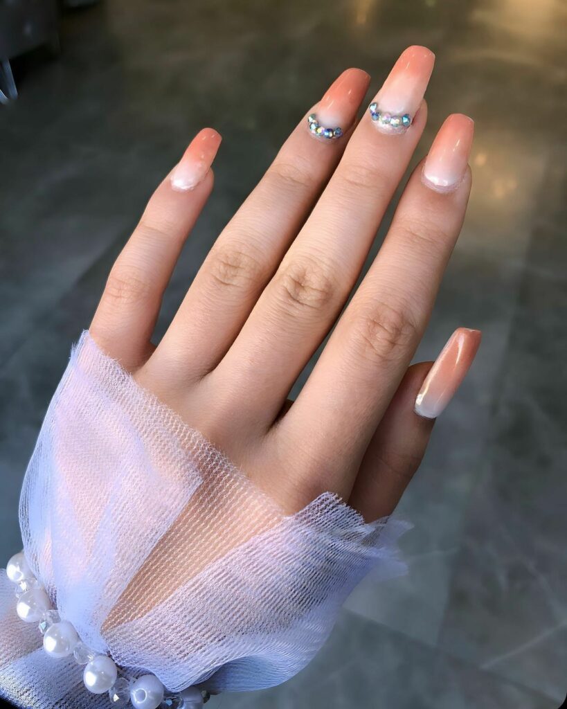 30 Latest Orange Ombre Nail Designs To Try In 2024! 43 Pastel Orange Ombre Nails With Rhinestones