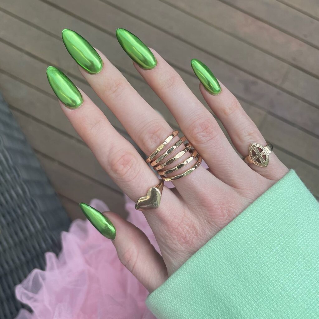 30 Latest Green Chrome Nail Ideas To Try in 2024! 29 Almond Green Chrome Nails