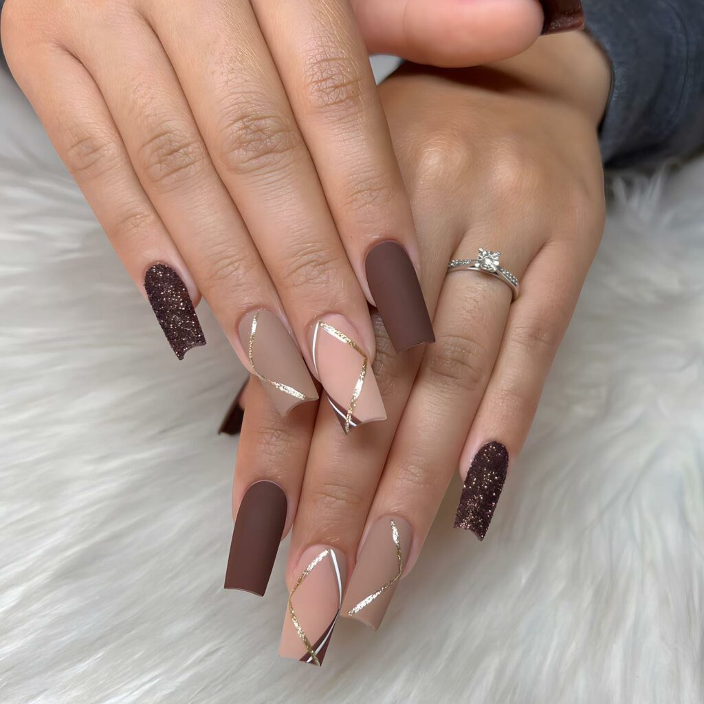 35 Latest Medium Square Nail Ideas To Try In 2024! 35 Matte Brown Medium Square Nails With Gold Foil