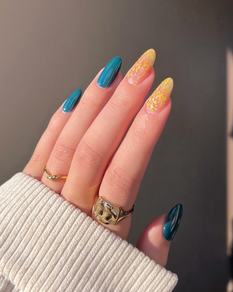 40 Latest Trendy Nail Ideas To Try In 2024! 27 Green Trendy Nails With Gold Flakes