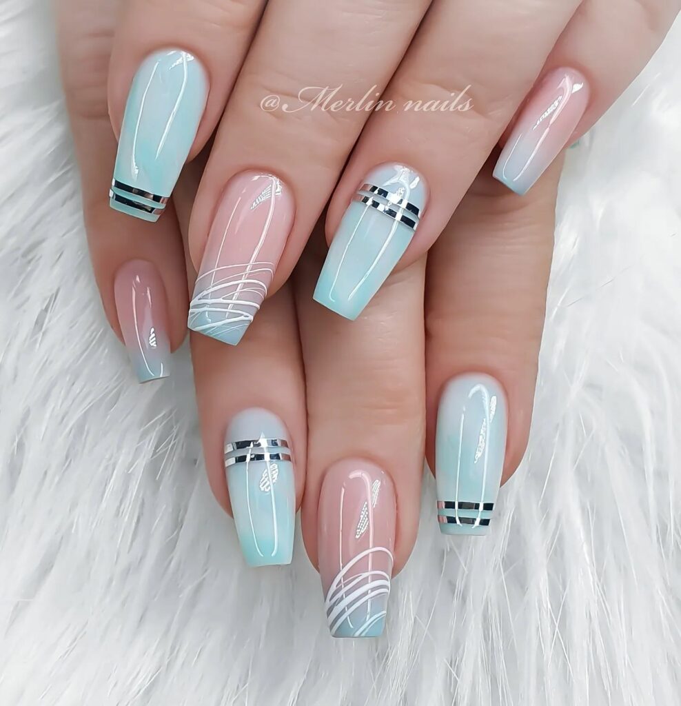 20 Latest Nude Ombre Nail Ideas To Try In 2024! 14 Nude And Light Blue Ombre Nails With Silver Foil Design
