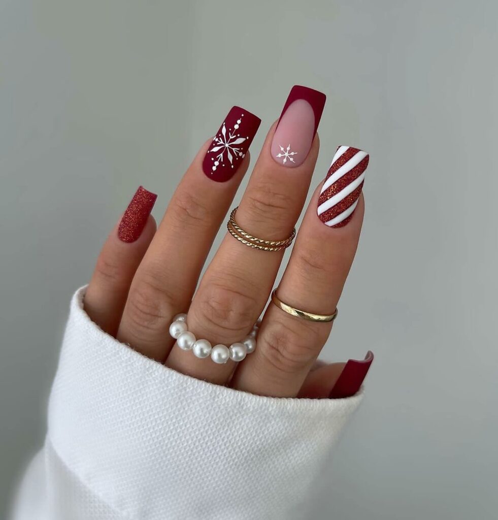 20 Latest Red Matte Nail Ideas To Try In 2024! 10 Dark Red Matte Square Nails With Snow Flake And Glitter Design