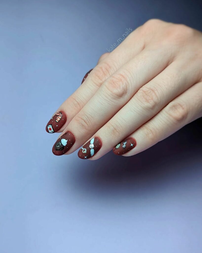 33 Latest Harry Potter Nail Ideas To Try In 2024! 27 Matte Brown Harry Potter Nails With The Golden Snitch