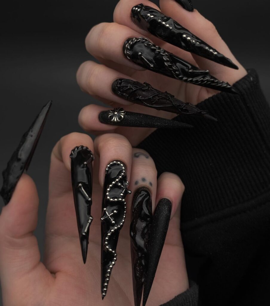25 Latest Gothic Nail Ideas To Try In 2024! 15 Long Stiletto Gothic Nails With 3D Design