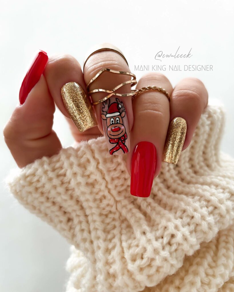 Shine Bright with 30 Red and Gold Christmas Nail Ideas in 2024 12 Gold And Red Winter Nails With Rudolph