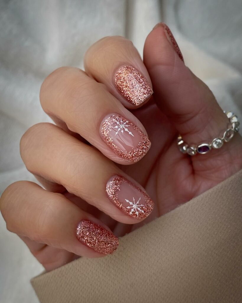 33 Latest Party Nail Ideas To Try In 2024! 33 Short Party Nails With Snow Flak And Glitter Design