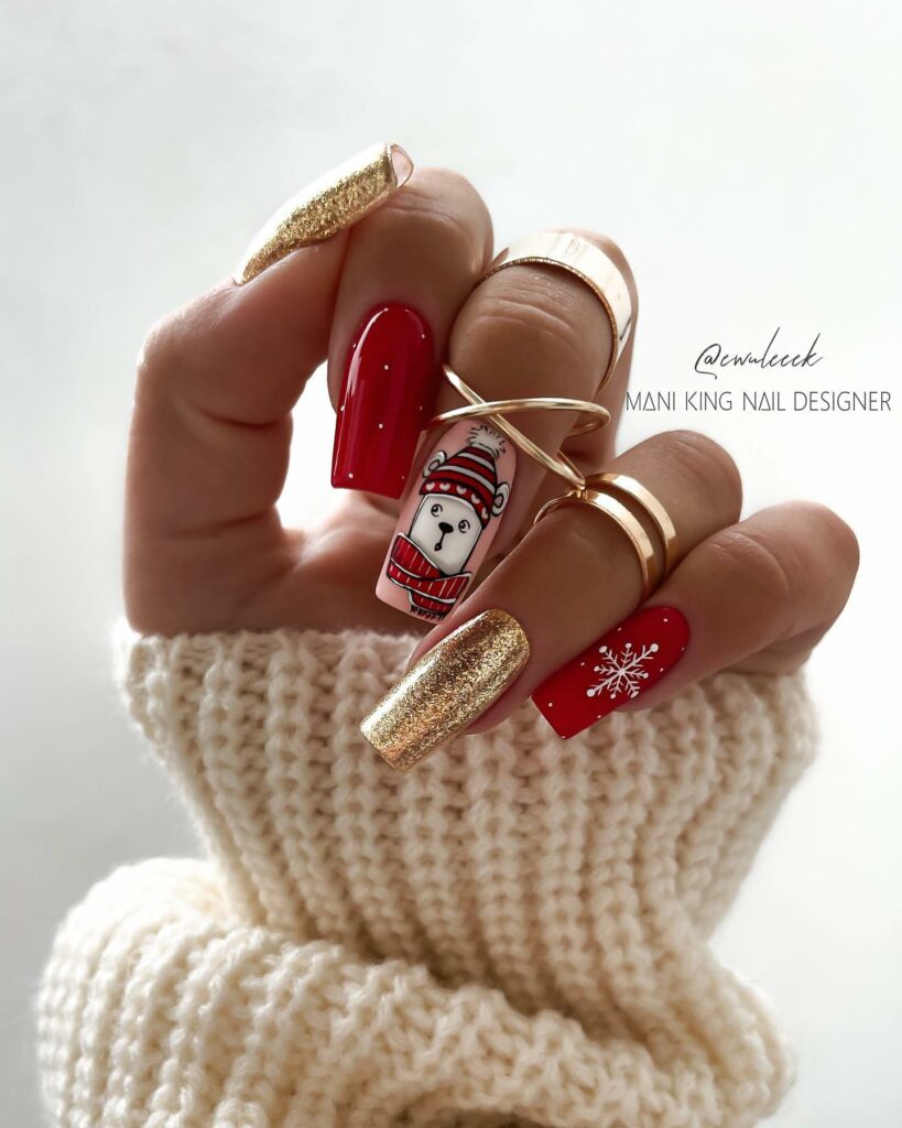 Shine Bright with 30 Red and Gold Christmas Nail Ideas in 2024 26 Red And Gold Winter Nails With Cute Polar Bear Design