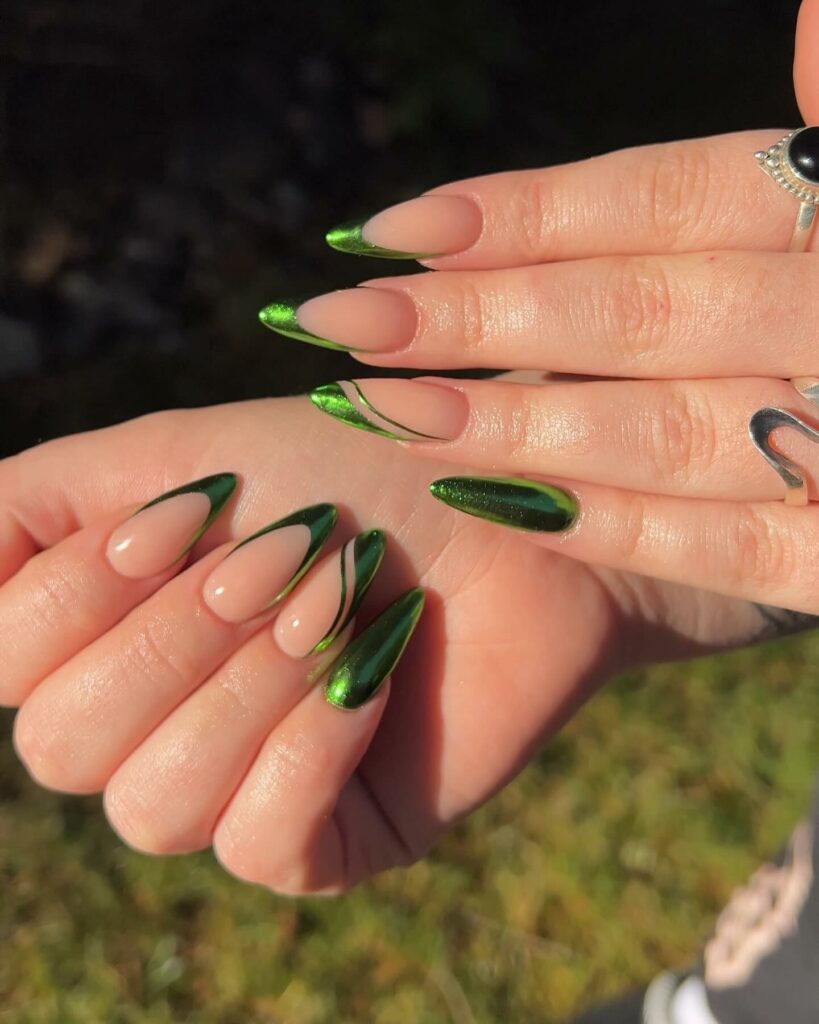 30 Latest Green Chrome Nail Ideas To Try in 2024! 14 Green Chrome Almond French Nails
